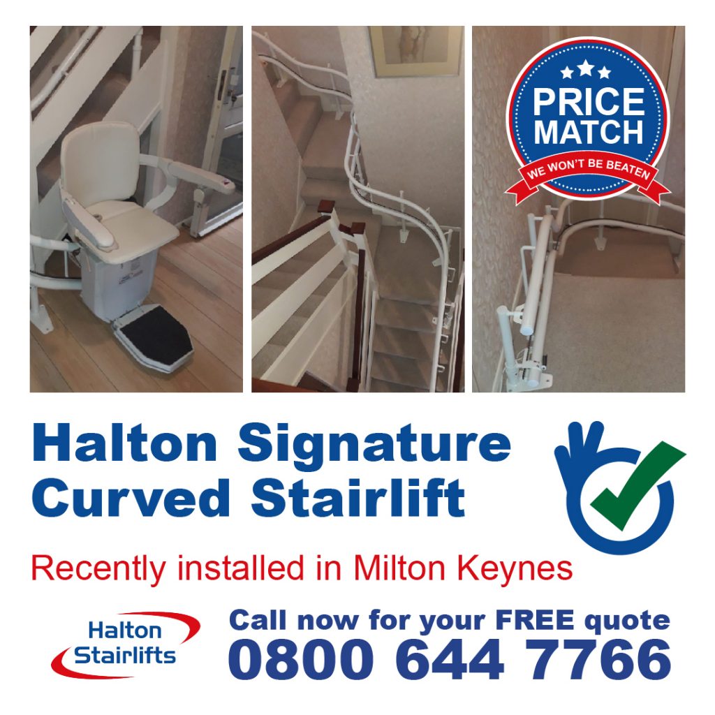 Halton Signature Curved Stairlift Bottom 180 Wrap External and Internal 90 Bends Top Over Run Finish Fully Fitted In Milton Keynes