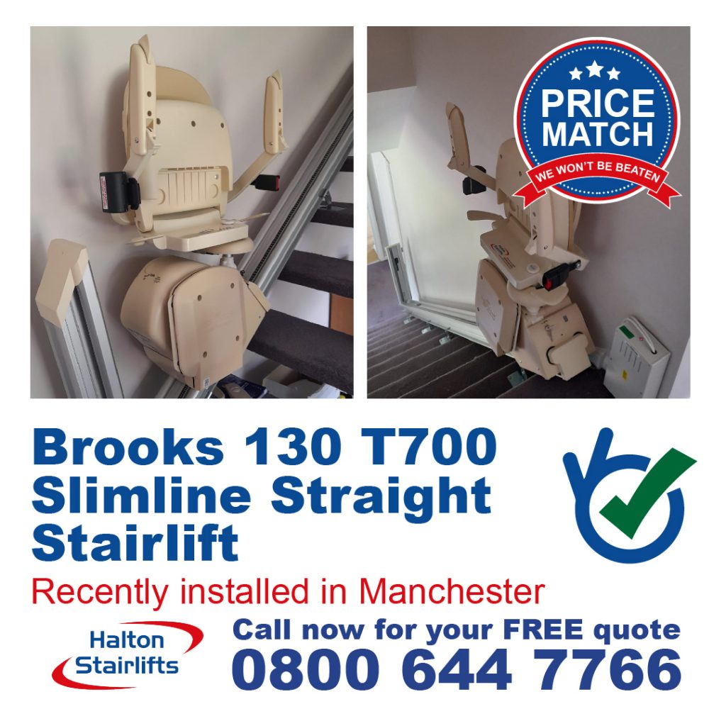 Brooks 130 T700 Slimline Straight Stairlift Chair Lift Powered Auto Hinged Track Installed In Manchester