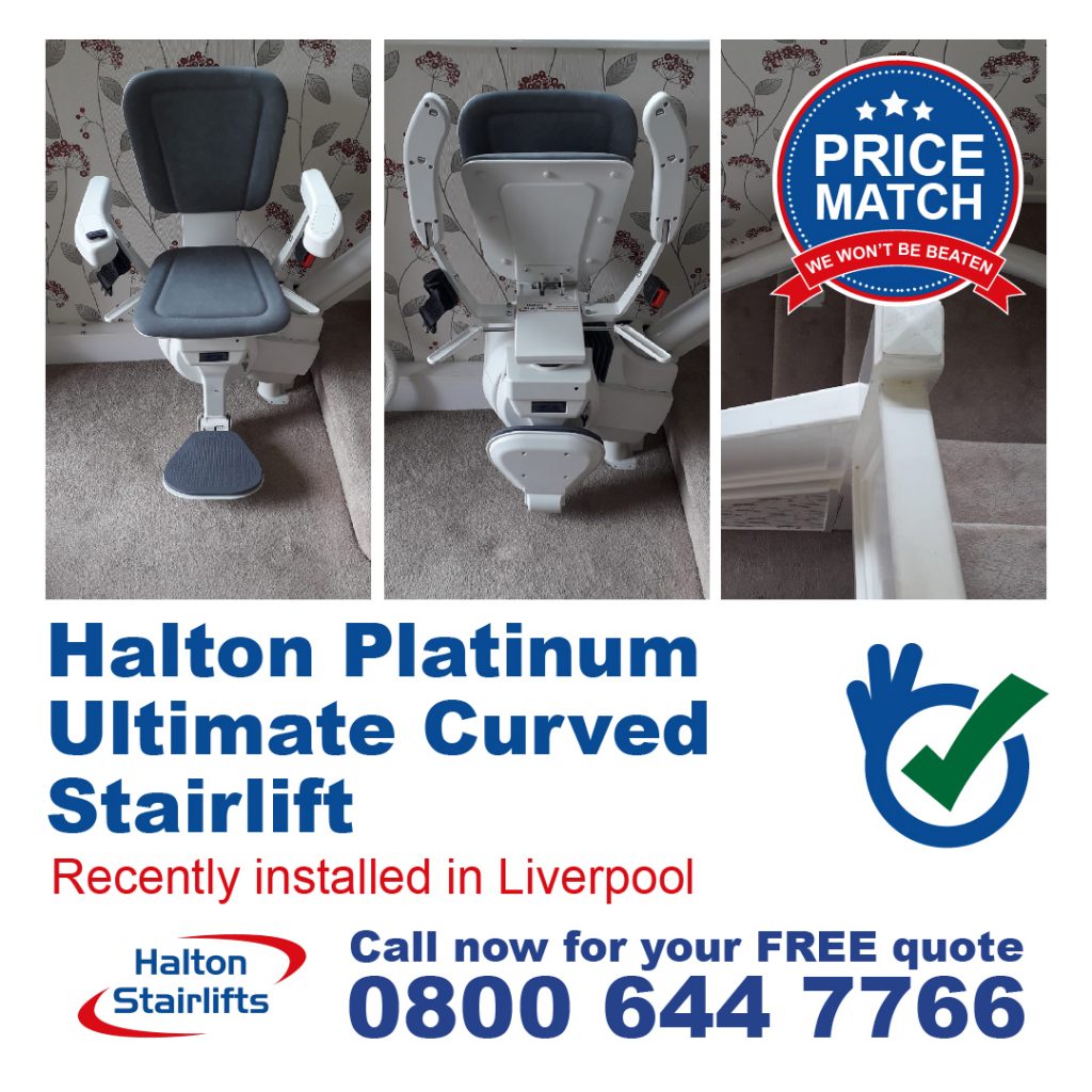 Halton Platinum Ultimate Curved Stairlift Manual Swivel Fully Fitted In Liverpool Merseyside