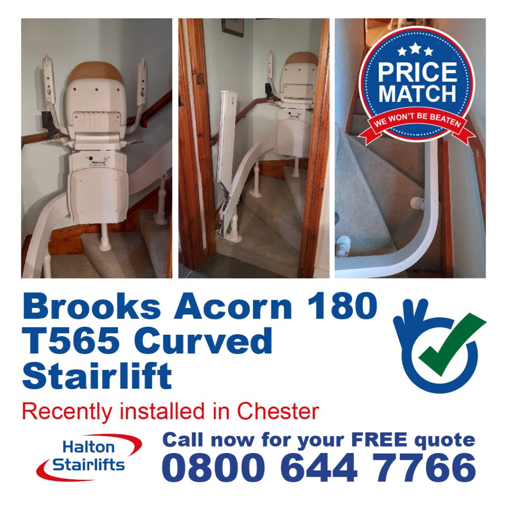 Brooks Acorn 180 T565 Curved Stairlift Powered Hinge Track and Top Over Run Finish Fully Installed In Chester-01