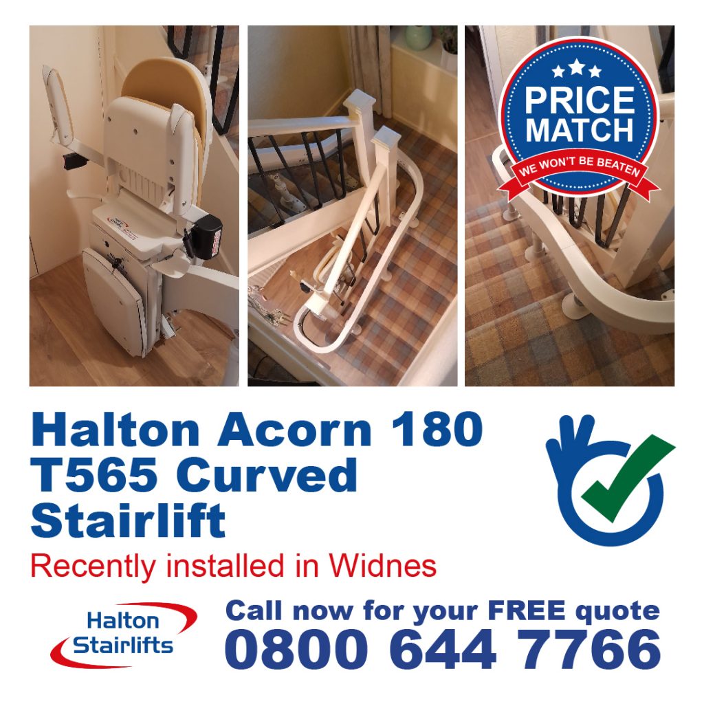 Halton Acorn 180 T565 Curved Stairlift Chairlift Bottom 180 Wrap Internal 180 Bend Top 90 Wrap Finish Fully Installed In Widnes Cheshire-01