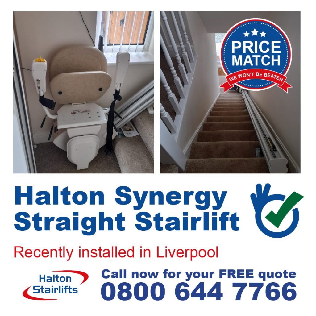 Halton Synergy Straight Stairlift Manual Swivel Turn Seat Battery Backup Fitted In Liverpool Merseyside-01