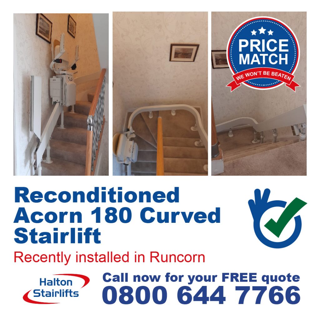 Reconditioned Acorn 180 Curved Stairlift 180 Bend & Powered Hinged Rail Fully Fitted In Runcorn Cheshire-01
