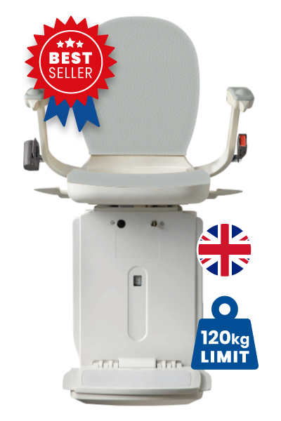 halton-style-curved-stairlift-Main-image-in-Mist Halton Acorn 130 Slimline Straight Stairlift with atlantic blue coloured seat
